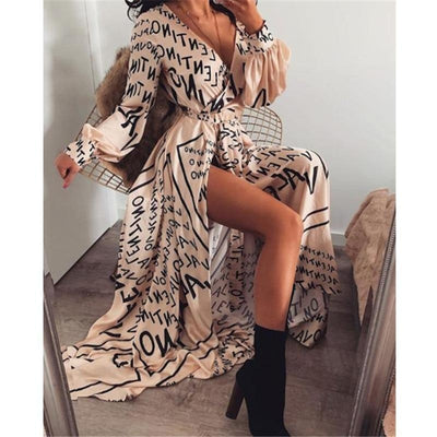 Maxi Dress Boho Letter Print With Split - MomyMall BROWN / S