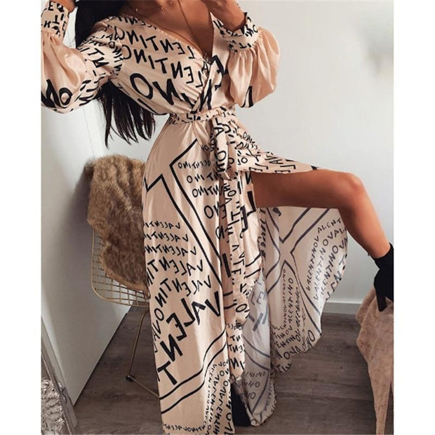 Maxi Dress Boho Letter Print With Split - MomyMall