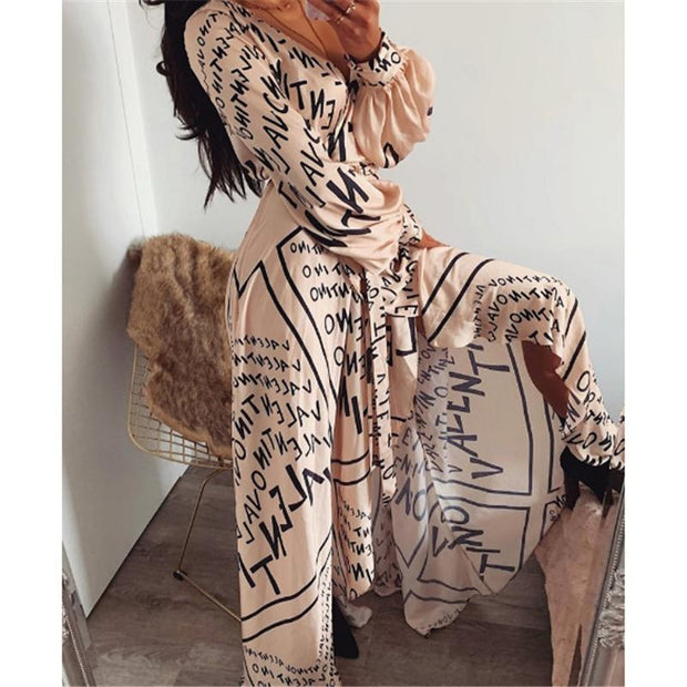 Maxi Dress Boho Letter Print With Split - MomyMall