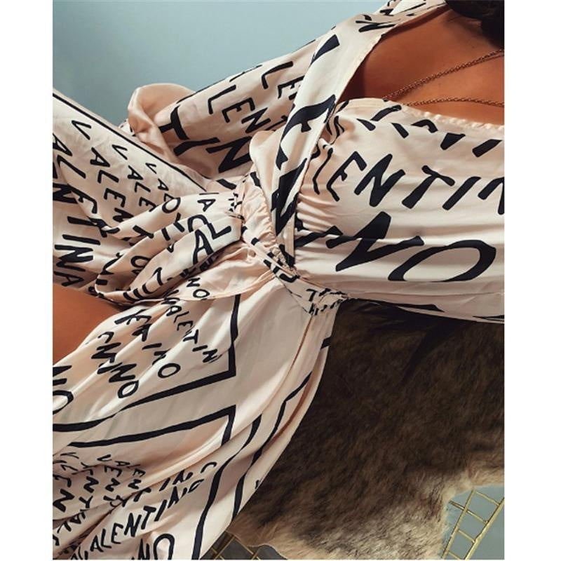 Maxi Dress Boho Letter Print With Split - MomyMall