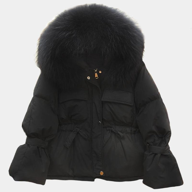 Fur Hooded Winter Coat - 90% White Duck Down Coat