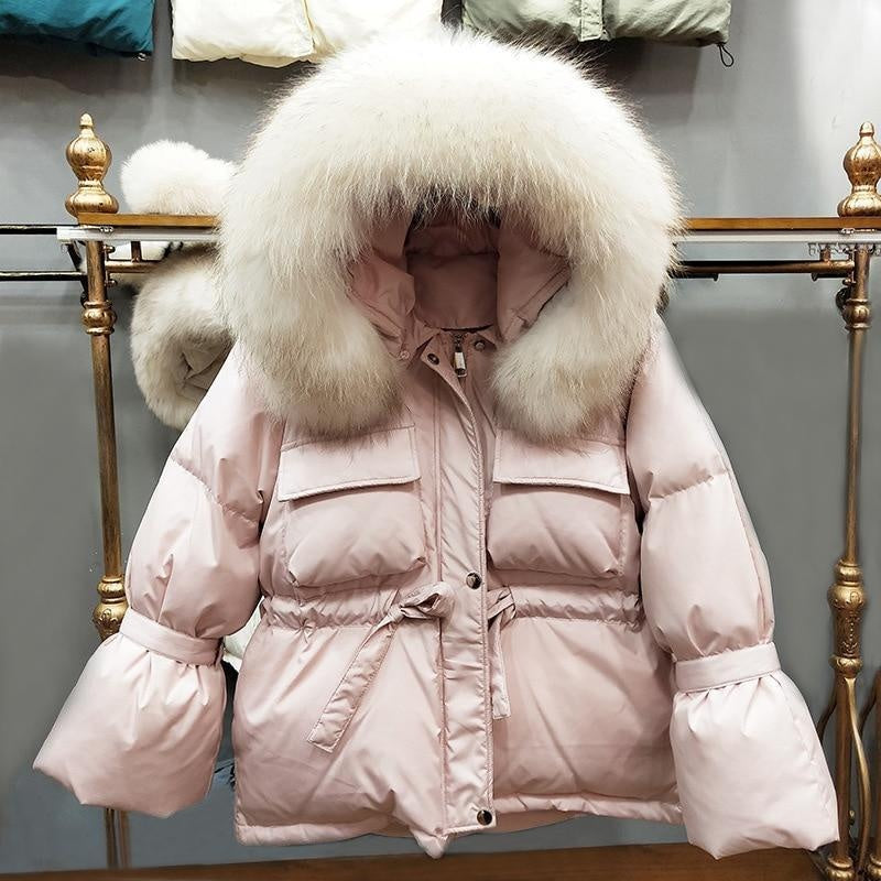 Fur Hooded Winter Coat - 90% White Duck Down Coat