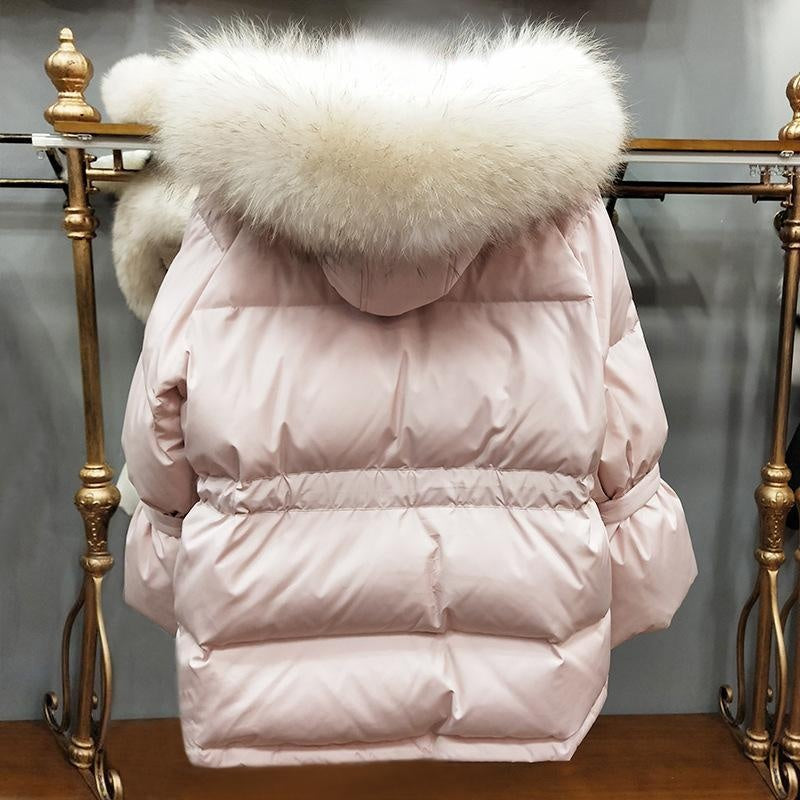 Fur Hooded Winter Coat - 90% White Duck Down Coat