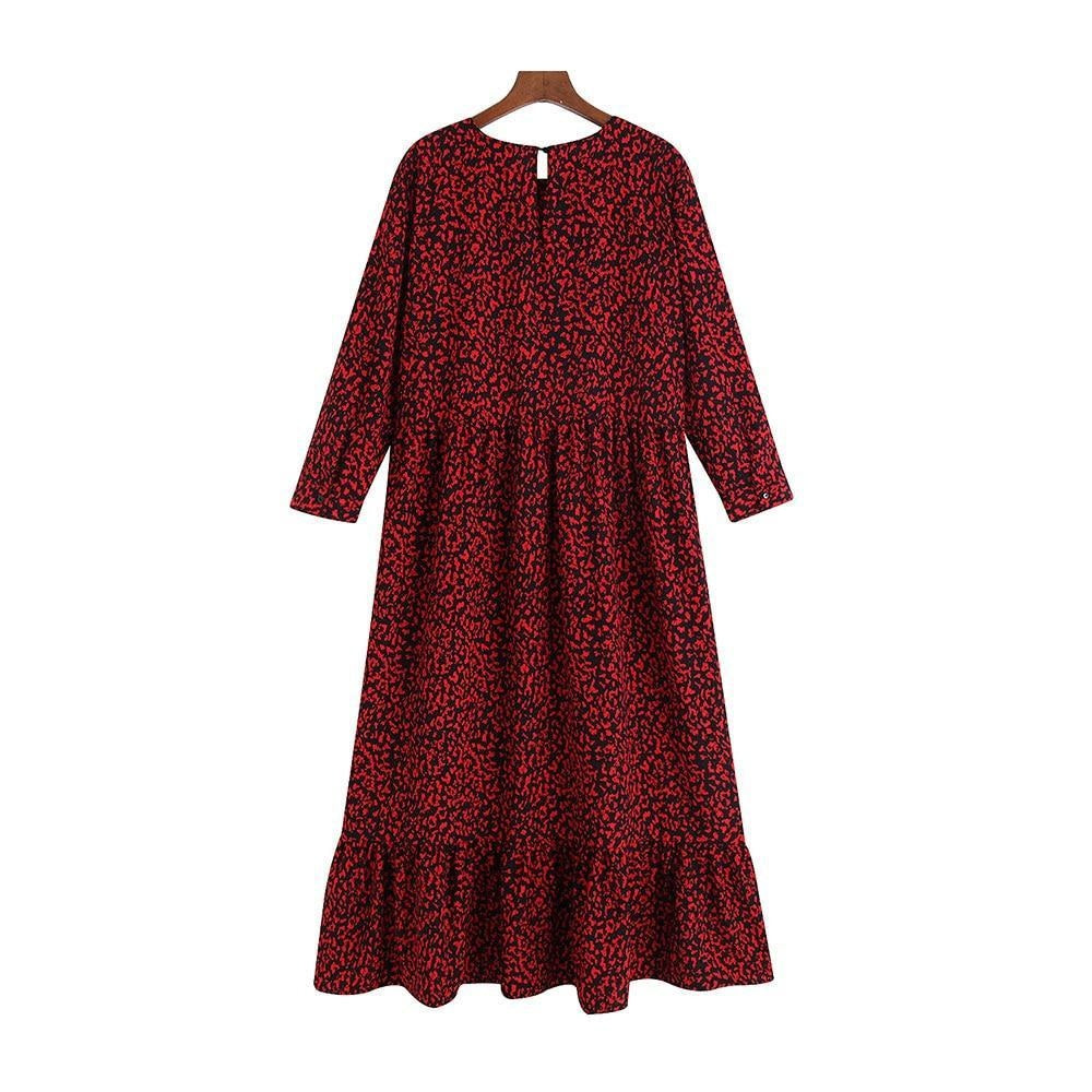 Robe Midi Imprimé Léopard - Robe Manches 3/4 Avec Ourlet Volant