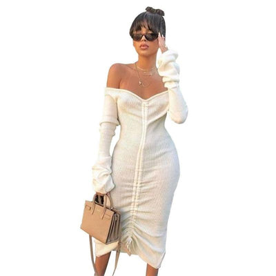 Drawstring Off shoulder Dress - Long Sleeve - Midi