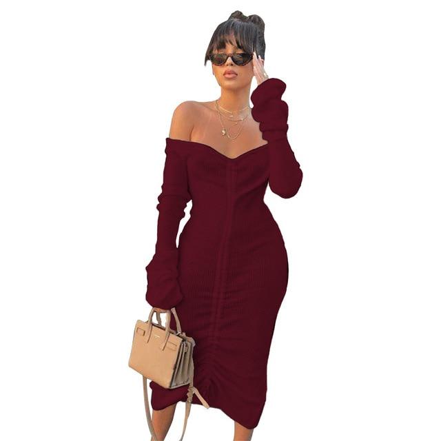 Drawstring Off shoulder Dress - Long Sleeve - Midi