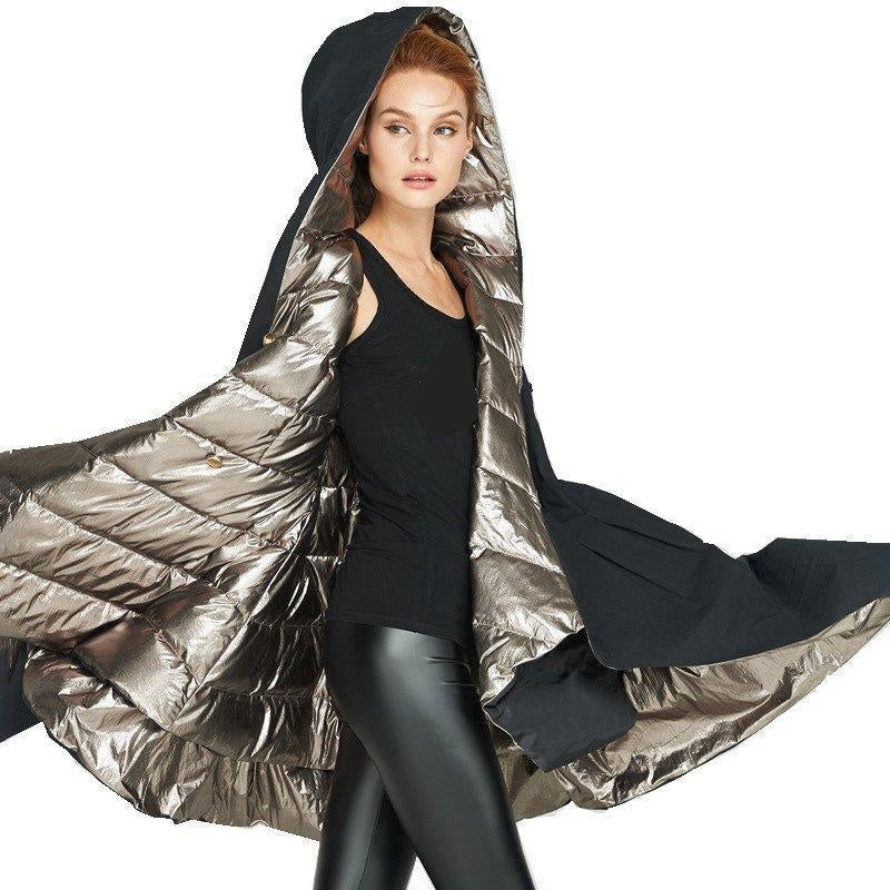 Asymmetrical Hooded Metallic Puffer Coat