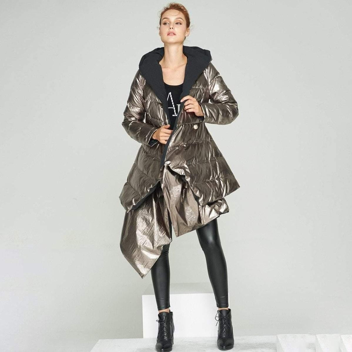 Asymmetrical Hooded Metallic Puffer Coat