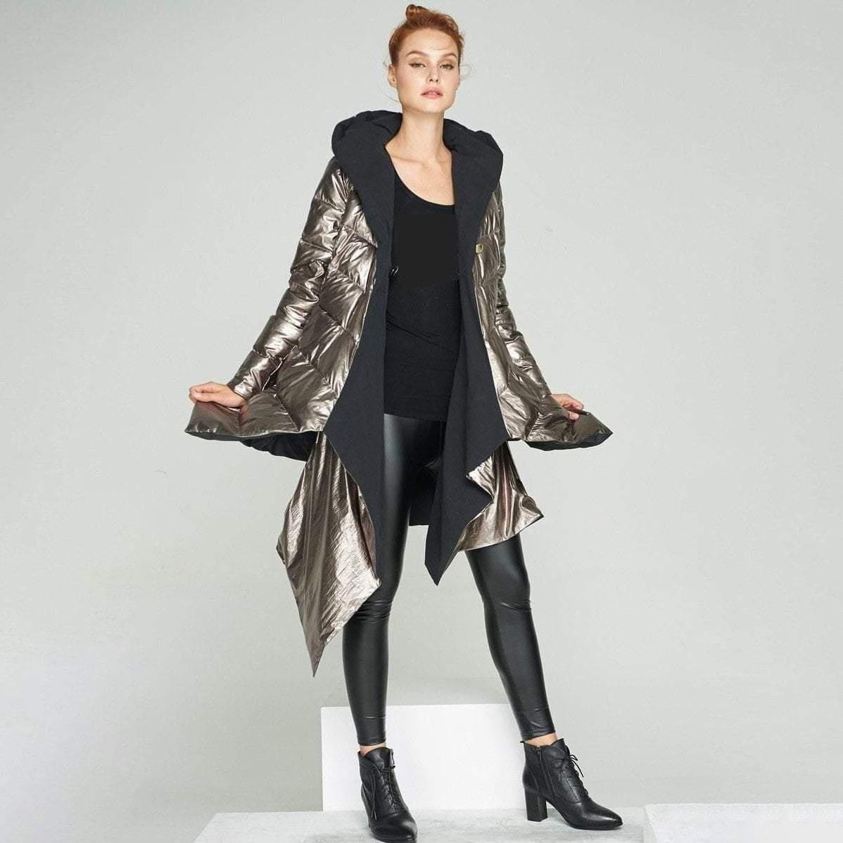 Asymmetrical Hooded Metallic Puffer Coat