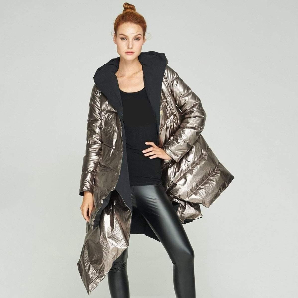 Asymmetrical Hooded Metallic Puffer Coat