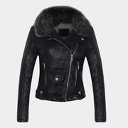 Leather Look Biker Jacket With Faux Fur Collar