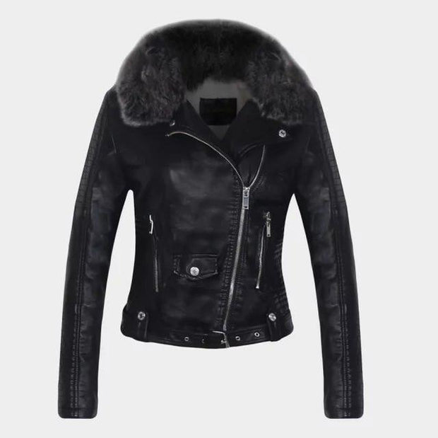 Leather Look Biker Jacket With Faux Fur Collar