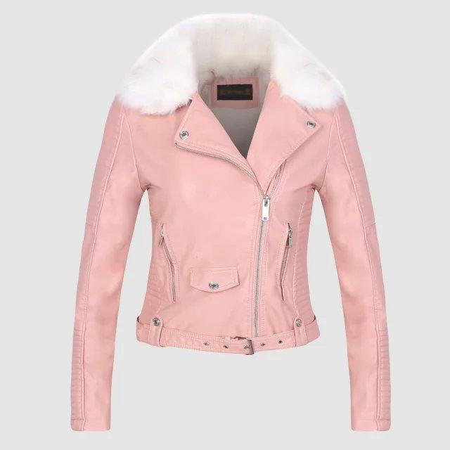 Leather Look Biker Jacket With Faux Fur Collar