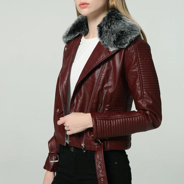 Leather Look Biker Jacket With Faux Fur Collar