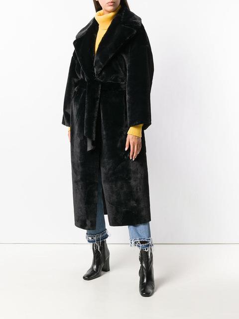 Long Faux Fur Coat - Self Tie Belt