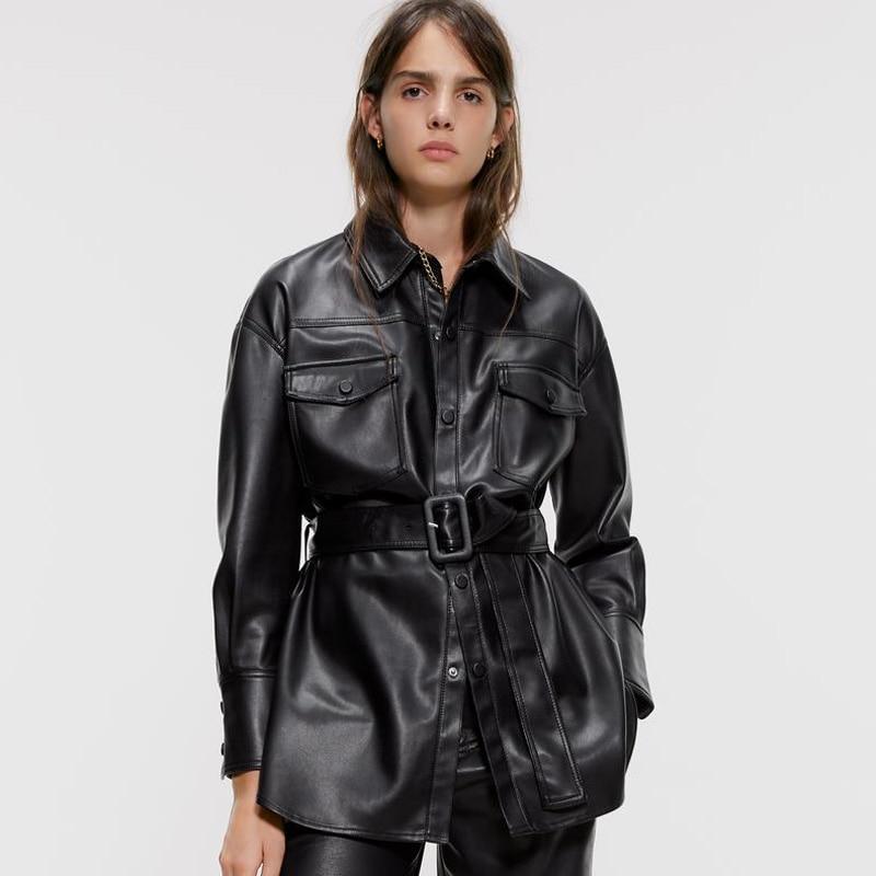 Faux Leather Coat - Self Tie Belt