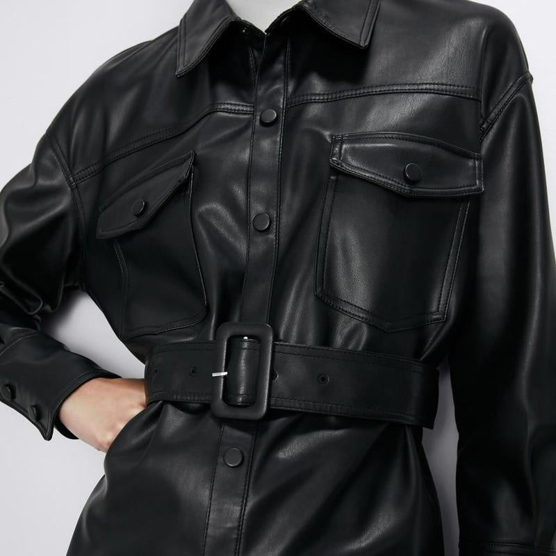 Faux Leather Coat - Self Tie Belt