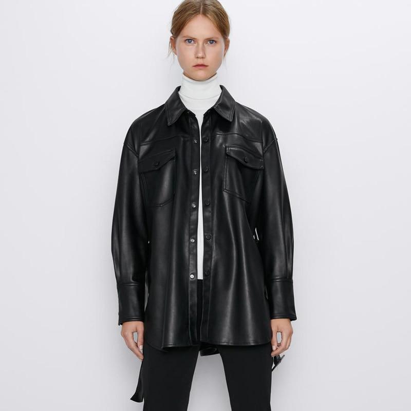 Faux Leather Coat - Self Tie Belt