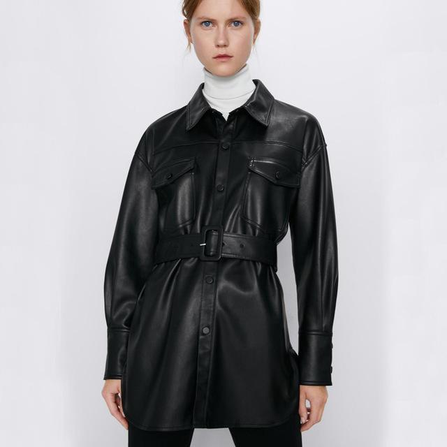 Faux Leather Coat - Self Tie Belt