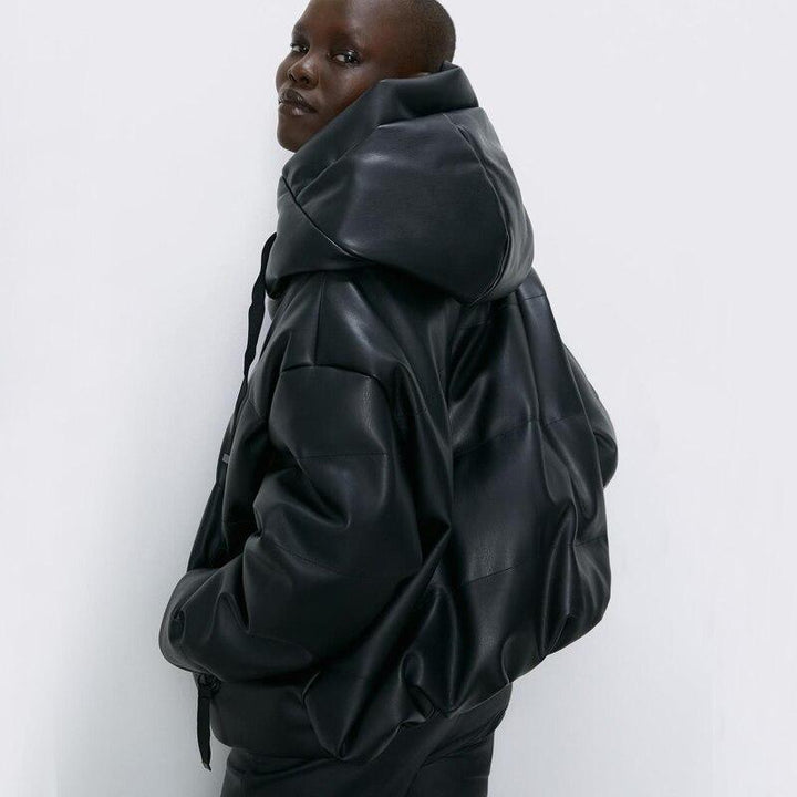 Faux Leather Oversized Jacket - Hooded