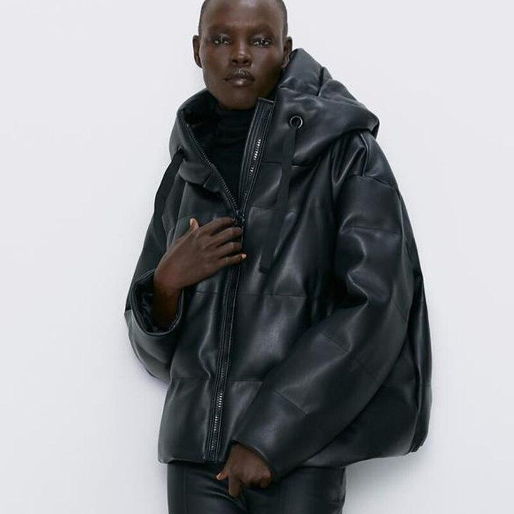 Faux Leather Oversized Jacket - Hooded
