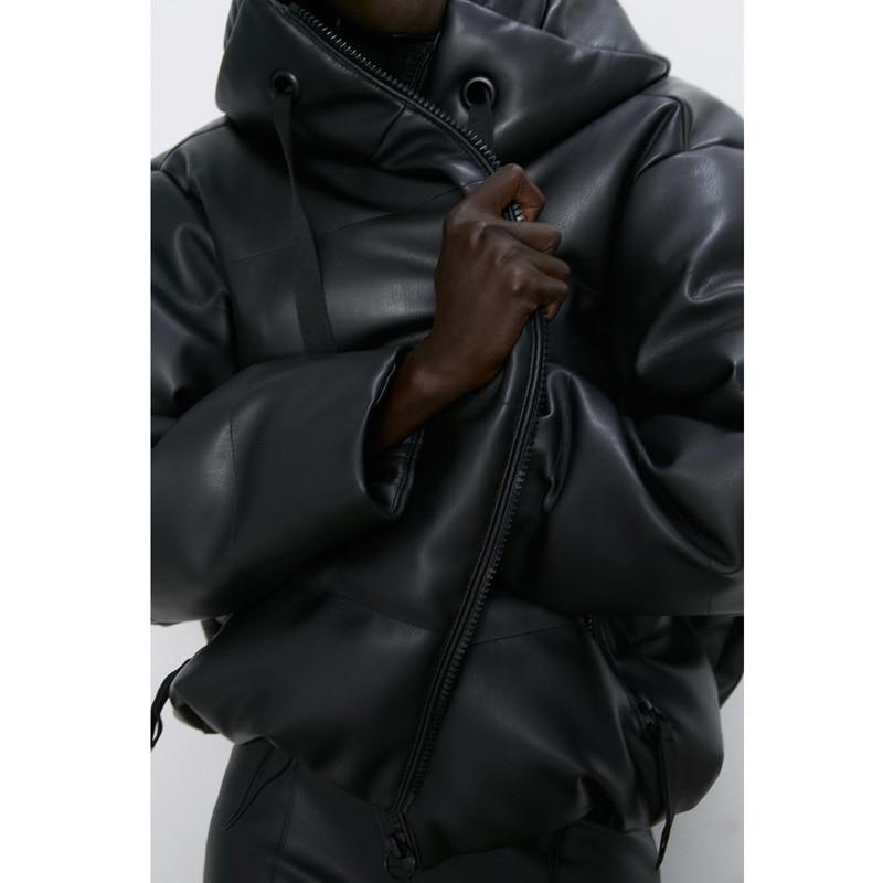 Faux Leather Oversized Jacket - Hooded