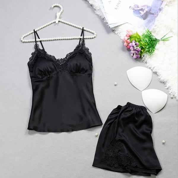 Satin Lace Trim Pyjama Set - Shorts With Lace Trim - MomyMall BLACK / M