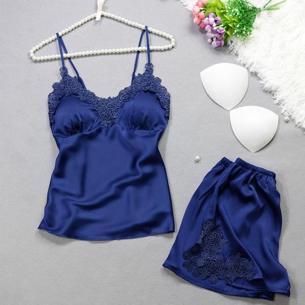 Satin Lace Trim Pyjama Set - Shorts With Lace Trim - MomyMall BLUE / M