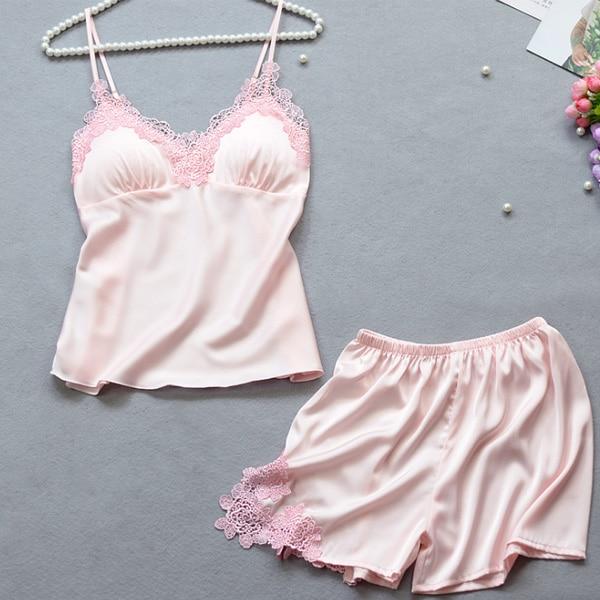 Satin Lace Trim Pyjama Set - Shorts With Lace Trim - MomyMall PINK / M