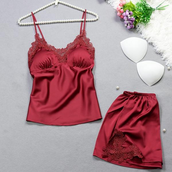 Satin Lace Trim Pyjama Set - Shorts With Lace Trim - MomyMall RED / M