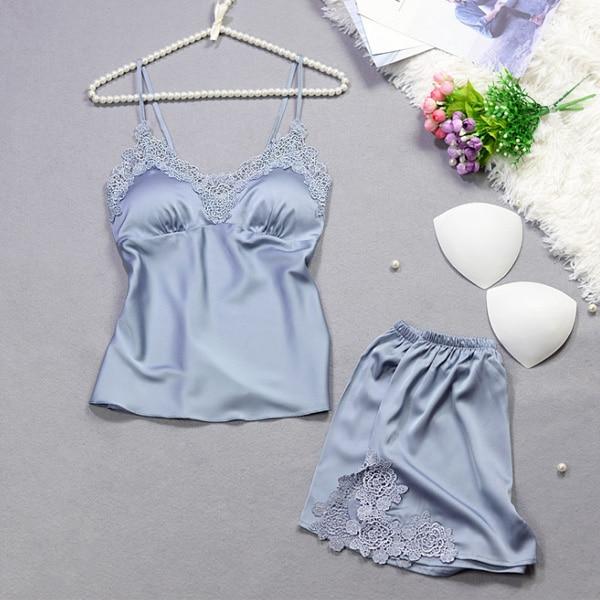 Satin Lace Trim Pyjama Set - Shorts With Lace Trim - MomyMall LIGHT BLUE / M