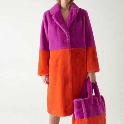 Contrast Long Faux Fur Coat With Button Closure