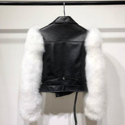 Genuine Biker Leather Jacket With Faux Fur Sleeves