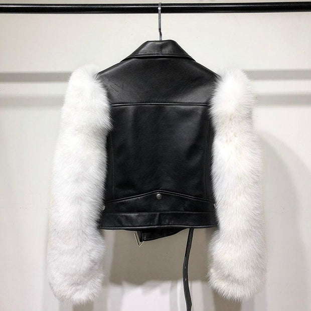 Genuine Biker Leather Jacket With Faux Fur Sleeves