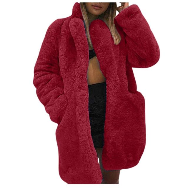 Bright Faux Fur Coat With Pockets