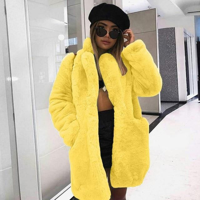 Bright Faux Fur Coat With Pockets