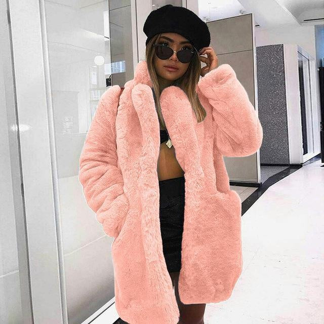 Bright Faux Fur Coat With Pockets