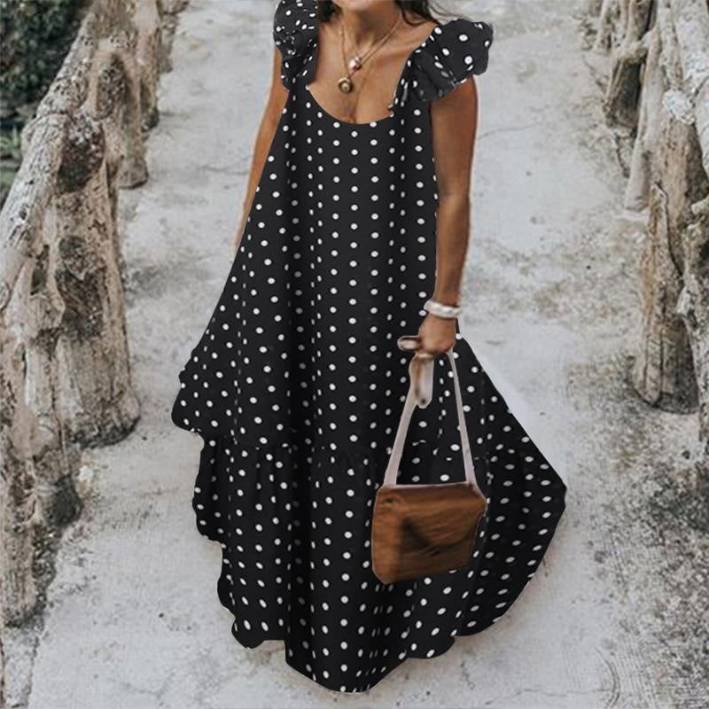 Polka Dot Maxi Smock Dress - Tiered Polka Summer Smock Dress - MomyMall BLACK / S