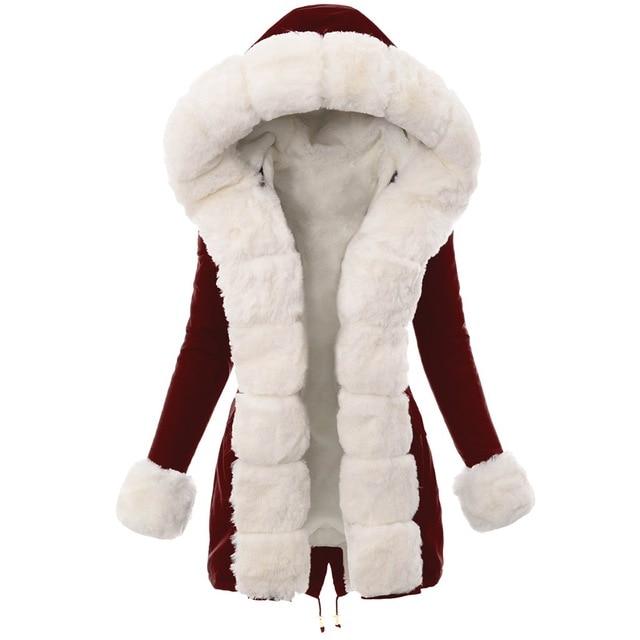 Long Faux Fur Hooded Coat - Contrast