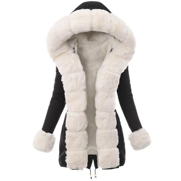Long Faux Fur Hooded Coat - Contrast