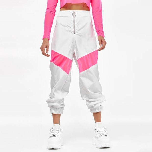High Waist Joggers With Zip Front & Neon Stripe