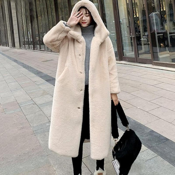 Hooded Long Coat - Long Faux Fur Coat with Hood