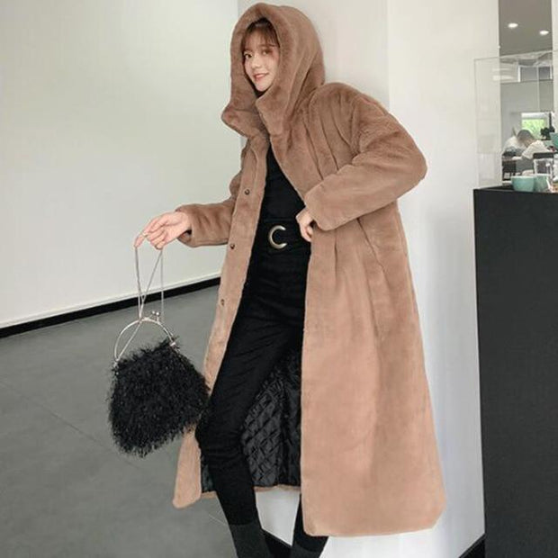 Hooded Long Coat - Long Faux Fur Coat with Hood