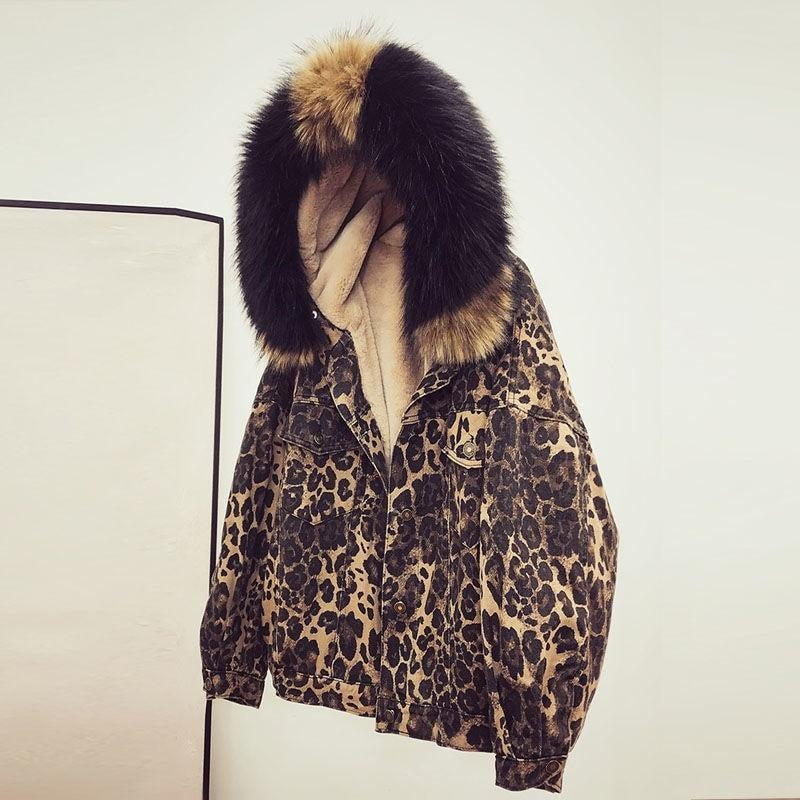 Velvet Animal Print Bomber Jacket with Faux Fur Hood