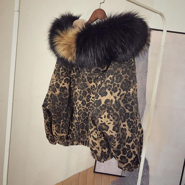 Velvet Animal Print Bomber Jacket with Faux Fur Hood