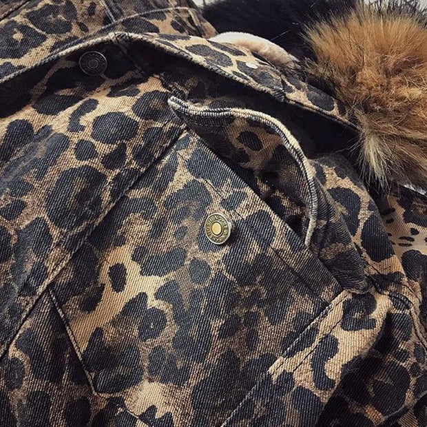 Velvet Animal Print Bomber Jacket with Faux Fur Hood