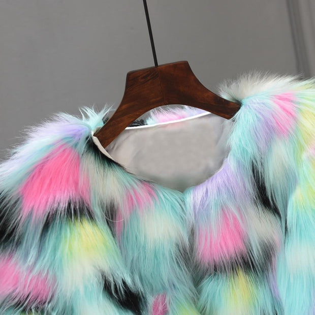 Multicolour Fluffy Faux Fur Short Coat