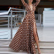 Paris Polka Dot Dress - Long Sleeve Maxi Dress - MomyMall BROWN / S