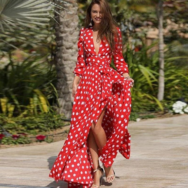 Paris Polka Dot Dress - Long Sleeve Maxi Dress - MomyMall RED / S