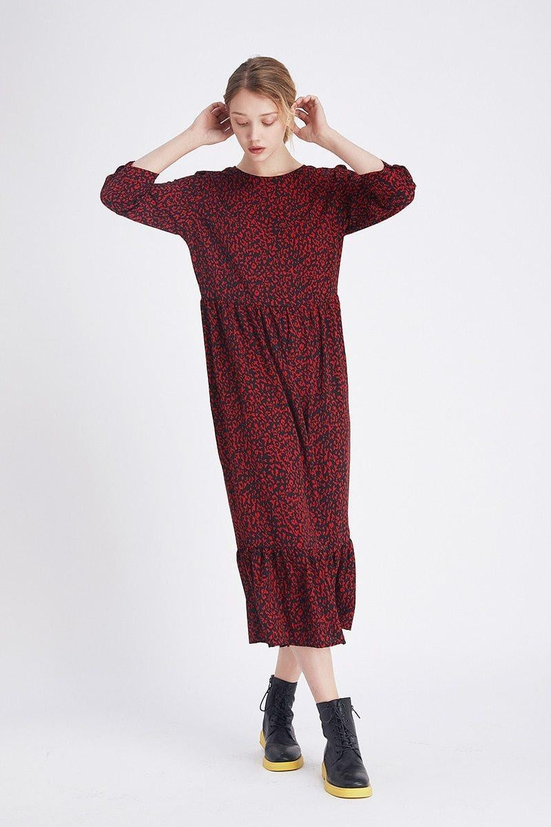 Leopard Print Midi Dress - 3/4 Sleeve Dress With Ruffle Hem